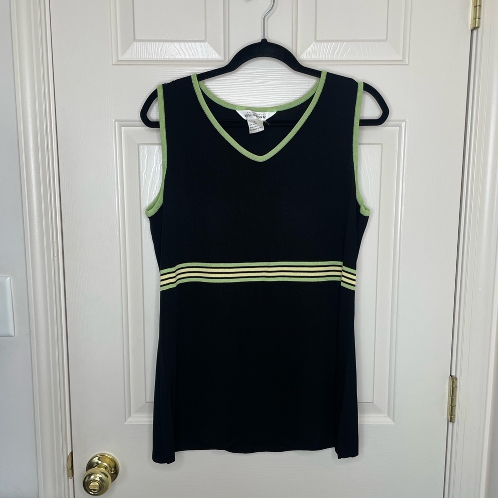 Exclusively Misook Sleeveless Knit Top Black Green Trim Striped Waist Tank | L